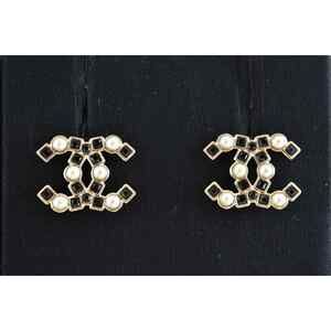 Chanel 22P Gold Black Crystal Pearl CC Logo Large Dangle Statement Stud Earrings